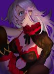  1girl black_legwear blue_eyes breasts cinderella_(sinoalice) cleavage collar dress frilled_collar frills image_sample kibadori_rue large_breasts long_hair looking_at_viewer navel navel_cutout one_eye_covered pink_hair purple_background sinoalice smile solo teeth thigh-highs tumblr_sample 