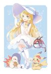  &gt;:o 2017 :o adjusting_clothes adjusting_hat arm_up artist_name bag bangs bare_shoulders beret blonde_hair blue_background blue_bow blue_bowtie blue_ribbon blue_shoes blunt_bangs blush bow bowtie braid breasts collared_dress commentary_request cyndaquil daisy dress duffel_bag eating flower food frown full_body green_eyes hair_tie hat hat_ribbon highres holding holding_flower kneehighs lillie_(pokemon) long_hair looking_at_viewer meat onigiri open_mouth outside_border pikachu poke_ball_theme pokemon pokemon_(creature) pokemon_(game) pokemon_sm red_hat ribbon see-through shoes sitting sleeveless sleeveless_dress small_breasts star sun_hat sundress teeth twin_braids white_border white_dress white_hat white_legwear zrae 