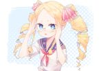  1girl aotetsu beatrice_(re:zero) blonde_hair blue_eyes drill_hair glasses hair_ribbon highres long_hair looking_at_viewer neckerchief pink_ribbon re:zero_kara_hajimeru_isekai_seikatsu red_neckerchief ribbon solo twintails 