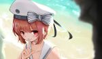  1girl beach beret bikini bow eyebrows_visible_through_hair hat highres index_finger_raised kamome_donburi kantai_collection red_eyes redhead sailor_collar sand short_hair solo striped striped_bow swimsuit white_bikini z3_max_schultz_(kantai_collection) 