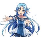  1girl :d asuna_(sao-alo) blue_eyes blue_hair blue_shorts collarbone cowboy_shot floating_hair long_hair looking_at_viewer open_mouth outstretched_arms pointy_ears short_shorts shorts smile solo standing sword_art_online transparent_background very_long_hair 