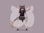  1girl antlers artist_name brown_hair full_body holding holding_weapon japari_symbol jtangc kemono_friends legs_apart long_hair long_sleeves looking_at_viewer moose_(kemono_friends) moose_ears pixel_art red_eyes scarf skirt solo standing weapon 