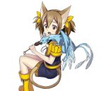  1girl animal_ears black_shorts boots brown_eyes brown_hair cat_ears cat_tail dragon_on_shoulder eating food hair_ribbon holding holding_food invisible_chair long_hair looking_at_viewer open_mouth pina_(sao) ribbon short_twintails shorts silica_(sao-alo) sitting solo sword_art_online tail transparent_background twintails yellow_boots yellow_ribbon 