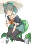  1girl artist_name black_legwear black_serafuku bow brown_eyes green_bow green_hair green_skirt hair_bow highres holding holding_umbrella kantai_collection neckerchief orange_neckerchief pantyhose pleated_skirt ponytail school_uniform serafuku short_hair short_sleeves skirt smile solo takumin_(takumi415) umbrella white_background yuubari_(kantai_collection) 