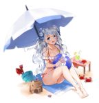  1girl ball barefoot beachball bikini blue_eyes blush breasts bucket cleavage crab double_bun full_body long_hair looking_at_viewer medium_breasts open_mouth original pointy_ears sand_castle sand_sculpture shovel silver_hair sitting smile solo swimsuit umbrella worktool yumaomi 