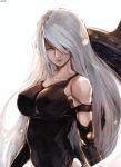  1girl android bare_shoulders black_gloves black_leotard blue_eyes breasts collarbone commentary_request dyolf elbow_gloves expressionless eyes_visible_through_hair gloves hair_between_eyes half-closed_eyes leotard lips long_hair looking_at_viewer medium_breasts mole mole_under_mouth nier_(series) nier_automata silver_hair simple_background sword upper_body very_long_hair weapon weapon_on_back yorha_type_a_no._2 