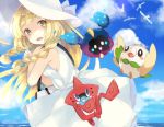  1girl bag bangs bare_shoulders blonde_hair blue_ribbon blue_sky blunt_bangs blush braid breasts clouds collared_dress commentary_request cosmog day dress eyebrows_visible_through_hair green_eyes hat hat_ribbon lillie_(pokemon) long_hair looking_at_viewer mikan_no_shiru no_bra ocean open_mouth outdoors pokemon pokemon_(creature) pokemon_(game) pokemon_sm ribbon rotom_dex rowlet sideboob sky sleeveless sleeveless_dress small_breasts sun_hat sundress twin_braids water white_dress white_hat wingull 