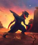 bird bone claws commentary_request desert dragon garchomp highres looking_at_viewer looking_back mega_garchomp mega_pokemon moon mountain no_humans pokemon pokemon_(creature) rock salanchu sharp_teeth sky solo standing sunset tail teeth tree withered yellow_eyes