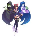  3girls :d bangs black_eyes black_legwear blue_hair blue_skin blush blush_stickers boots bow breasts brown_hair cloak closed_eyes cookie_(touhou) cup detached_sleeves dizzy eyebrows_visible_through_hair full_body green_hair green_skin guilty_gear hair_between_eyes hair_bow hair_tubes hatsune_miku highres holding holding_cup holding_pipe hood_up large_breasts long_hair long_sleeves looking_at_viewer midriff multiple_girls name_tag navel open_mouth parody pipe purple_bow red_bow red_eyes reu ribbon-trimmed_sleeves ribbon_trim school_swimsuit short_hair sidelocks smile standing stomach swimsuit tarmo thigh-highs touhou transparent_background tsurime very_long_hair white_boots wide_sleeves yunomi 