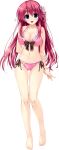  1girl absurdres bangs bare_legs barefoot bikini blue_eyes blush breasts cleavage collarbone eyebrows_visible_through_hair feet flower frills full_body gluteal_fold hair_flower hair_ornament harugasaki_kanau haruru_minamo_ni! highres large_breasts long_hair navel official_art open_mouth pink_bikini pink_hair ribbon shintarou side-tie_bikini smile solo swimsuit toes transparent_background 