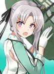 &gt;:o 1girl :o akitsushima_(kantai_collection) aqua_background artist_name commentary_request gloves gradient gradient_background grey_hair hair_ornament highres jacket kamelie kantai_collection long_hair long_sleeves military military_uniform nishikitaitei-chan open_mouth seaplane side_ponytail sidelocks solo uniform violet_eyes white_gloves 