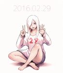  1girl :d bare_legs barefoot black_eyes collarbone dated full_body hair_over_one_eye indian_style long_hair looking_at_viewer oopartz_yang open_mouth original short_shorts shorts sitting smile solo sweater white_hair 