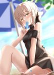  1girl bangs beach between_legs black_bow black_swimsuit blonde_hair blurry blush bow braid breasts depth_of_field dutch_angle eating eyebrows_visible_through_hair fate/grand_order fate/stay_night fate_(series) food french_braid hair_between_eyes hair_bow halterneck hand_between_legs highres horizon looking_at_viewer maosame ocean one-piece_swimsuit outdoors partially_submerged popsicle saber saber_alter sidelocks sitting small_breasts solo swimsuit yellow_eyes 