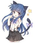  1girl animal_ears bangs blue_hair blunt_bangs cat_ears cat_tail commentary_request furude_rika furuderi_mayono higurashi_no_naku_koro_ni long_hair looking_at_viewer open_mouth paw_pose short_sleeves skirt smile solo star suspenders tail upper_body violet_eyes white_background 