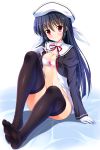  1girl amamiya_yuuko breasts cleavage closed_mouth ef full_body head_tilt highres long_hair looking_at_viewer medium_breasts open_clothes red_eyes sitting smile solo thigh-highs very_long_hair yagami-all_hail_nanao 