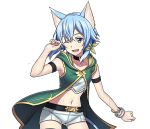  1girl ;d animal_ears armlet blue_eyes blue_hair bracelet cat_ears cat_tail choker collarbone cowboy_shot crop_top green_ribbon hair_between_eyes hair_ribbon jewelry midriff navel one_eye_closed open_mouth ribbon shinon_(sao-alo) short_hair_with_long_locks short_shorts shorts sidelocks smile solo standing stomach sword_art_online tail transparent_background wet white_shorts 