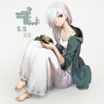  1girl barefoot black_eyes breasts closed_mouth collarbone dress feet food full_body hair_over_one_eye hair_over_shoulder highres hood hoodie looking_at_viewer oopartz_yang open_clothes open_hoodie original silver_hair sitting small_breasts smile solo sweet_potato white_dress 