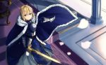  1girl ahoge armor armored_dress bangs blonde_hair blue_cloak blue_dress blurry blurry_background breastplate carpet chair cloak closed_mouth commentary day depth_of_field dress excalibur falling_petals fate/stay_night fate_(series) faulds from_above fur-trimmed_cloak fur_trim gauntlets glowing glowing_sword glowing_weapon green_eyes hair_between_eyes highres holding holding_sword holding_weapon indoors light_particles light_smile long_dress long_sleeves looking_at_viewer looking_up outstretched_arm petals pillar saber saka_(akurisoh) short_hair solo stairs standing sunlight sword throne throne_room weapon wind 