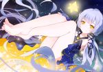  1girl bare_legs bare_shoulders barefoot blue_dress collarbone crossed_ankles dress feet fingerless_gloves gloves hair_ornament highres long_hair looking_at_viewer no_legwear purple_hair ribbon smile solo star star_(sky) stellated_octahedron toes twintails very_long_hair vocaloid vocanese xiao_ren xingchen yellow_eyes 