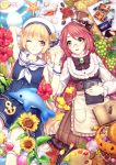  2girls acorn anchor_symbol balloon black_hat blonde_hair blush book candy clam conch earrings eyebrows_visible_through_hair flower food green_eyes hand_holding hat holding holding_book jacket_on_shoulders jewelry kiritani846 leaf lollipop long_hair long_sleeves looking_at_another lying multiple_girls on_back one_eye_closed open_book original paintbrush palette parted_lips photo_(object) pumpkin redhead sleeveless smile starfish stuffed_animal stuffed_dolphin stuffed_toy summer teeth top_hat twintails violet_eyes white_hat 