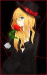 1girl :o arm_at_side artist_name bangs black_background black_bra black_hat black_jacket blonde_hair blue_eyes border bow bra breasts buttons collarbone commentary_request earrings flower formal gloves hair_between_eyes hat hat_bow hat_ribbon heart heart_earrings highres holding holding_flower jacket jewelry leaf long_hair long_sleeves looking_at_viewer no_shirt outline parted_lips red_border red_bow red_outline red_ribbon red_rose ribbon rko_(a470350510) rose shiny shiny_hair side_glance signature simple_background small_breasts solo suit top_hat underwear upper_body violet_evergarden violet_evergarden_(character) white_gloves 