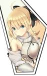  1girl ahoge bangs black_bow bow breastplate closed_mouth eyebrows_visible_through_hair fate/stay_night fate/unlimited_codes fate_(series) hair_between_eyes hair_bow highres i.f.s.f looking_at_viewer ponytail saber saber_lily sidelocks smile solo upper_body 
