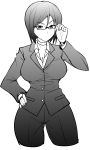  1girl absurdres breasts choker cleavage formal glasses highres holding holding_glasses large_breasts long_sleeves monochrome okyou short_hair solo suit the_king_of_fighters whip_(kof) 
