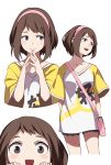  1girl :d alternate_costume blush blush_stickers boku_no_hero_academia breasts brown_eyes brown_hair casual collarbone fingers_together hairband highres open_mouth oversized_clothes oversized_shirt shi_er_xian shirt short_sleeves shorts simple_background smile solo_focus t-shirt uraraka_ochako white_background 