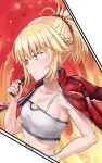 1girl :t bandeau bangs blonde_hair blue_eyes braid candy chocolate chocolate_bar collarbone eating fate/apocrypha fate_(series) food half_updo highres i.f.s.f jacket jacket_on_shoulders long_hair mordred_(fate) mordred_(fate/apocrypha) mordred_(memories_at_trifas)_(fate) open_clothes open_jacket ponytail sidelocks solo twitter_username