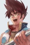  1boy brown_hair glasses grey_background guitar hankuri high_collar instrument looking_to_the_side macross macross_7 male_focus nekki_basara open_mouth yellow_eyes 