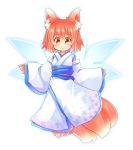  1girl animal_ears fox_ears fox_tail full_body japanese_clothes kimono kso leaf_print looking_at_viewer orange_eyes original paws redhead short_hair simple_background smile solo tail white_background wings 