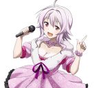  1girl :d ahoge breasts cleavage collarbone dress hair_between_eyes holding holding_microphone index_finger_raised jewelry large_breasts microphone mole mole_on_breast neck_ribbon necklace open_mouth pink_dress purple_ribbon red_eyes ribbon short_hair_with_long_locks sidelocks silver_hair smile solo standing strea sword_art_online transparent_background 