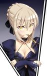  1girl bangs blonde_hair blush braid breasts closed_mouth collarbone eyebrows_visible_through_hair fate/stay_night fate_(series) french_braid glint hair_between_eyes highres i.f.s.f juliet_sleeves long_sleeves looking_at_viewer medium_breasts mouth_hold platinum_blonde puffy_sleeves saber saber_alter sidelocks solo upper_body yellow_eyes 