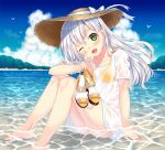  1girl barefoot fang green_eyes long_hair ocean one_eye_closed open_mouth original shoes_removed shore silver_hair smile solo summer toujou_mina v water wet wet_clothes 