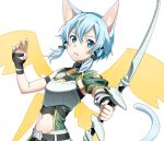  1girl animal_ears black_ribbon blue_eyes blue_hair breastplate cat_ears cat_tail hair_between_eyes hair_ribbon holding_bow_(weapon) looking_at_viewer midriff navel parted_lips ribbon shinon_(sao-alo) short_hair_with_long_locks sidelocks solo standing stomach sword_art_online tail transparent_background upper_body yellow_wings 