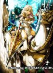  1girl armor blonde_hair braid breastplate brown_eyes clouds company_name daigoman effie_(fire_emblem) fire_emblem fire_emblem_cipher fire_emblem_echoes:_mou_hitori_no_eiyuuou gloves long_hair official_art open_mouth pegasus pegasus_knight polearm riding sky solo thigh-highs twin_braids weapon white_gloves 
