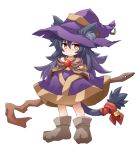  1girl :&lt; animal_ears bell black_hair brown_eyes full_body hair_between_eyes hat jingle_bell kso long_hair looking_at_viewer original ribbon simple_background solo staff tail tail_bell tail_ribbon white_background witch_hat 