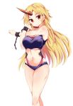  1girl bikini blonde_hair breasts chains closed_mouth highres horn hoshiguma_yuugi long_hair looking_at_viewer maturiuta_sorato navel outstretched_arm purple_bikini red_eyes simple_background smile standing star_tattoo swimsuit tattoo touhou white_background 