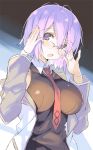  1girl adjusting_glasses bare_shoulders black_dress blush breasts detached_sleeves dress eyes_visible_through_hair fate/grand_order fate_(series) glasses hair_over_one_eye impossible_clothes jacket labcoat large_breasts looking_at_viewer multicolored multicolored_background necktie open_mouth purple_hair red_necktie shielder_(fate/grand_order) shimeji_(4_me_ji) short_hair upper_body violet_eyes 