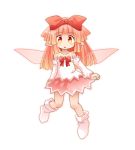  1girl bangs bare_shoulders blunt_bangs bow detached_sleeves dress fairy fairy_wings full_body hair_bow kso long_hair looking_at_viewer open_mouth orange_eyes orange_hair original pointy_ears simple_background solo white_background wings 