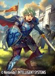  1boy alm_(fire_emblem) armor armored_boots boots cape clouds company_name faceless faceless_male fire_emblem fire_emblem_cipher fire_emblem_echoes:_mou_hitori_no_eiyuuou flag furikawa_arika grass green_eyes green_hair headband helmet male_focus official_art open_mouth shield sky solo sword teeth weapon 