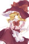  1girl apron blonde_hair blouse blush bow capelet gloves green_eyes grin hand_to_own_mouth hat hat_bow kirisame_marisa large_bow large_hat long_hair looking_at_viewer nonoko_(capsule-nnk) sitting skirt skirt_set smile solo touhou waist_apron wavy_hair white_gloves witch_hat 
