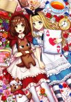  2girls ace_of_hearts alice_in_wonderland animal_ears apple black_legwear blonde_hair blue_eyes blush book brown_hair card clock cup fake_animal_ears flower food fruit glasses grapes green_eyes hairband hand_holding hat highres holding holding_pillow holding_stuffed_animal kiritani846 little_red_riding_hood long_hair looking_at_viewer lying mob_cap multiple_girls on_back open_book open_mouth original pillow plate playing_card puffy_short_sleeves puffy_sleeves rabbit_ears short_hair short_sleeves smile striped striped_legwear stuffed_animal stuffed_toy stuffed_wolf tea teacup teeth thigh-highs white_legwear 
