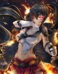  1girl backlighting bangs bare_shoulders battle belt black_hair blood blood_on_face bloody_clothes breasts cleavage collarbone cowboy_shot eyebrows_visible_through_hair fire floating_hair glint gloves glowing glowing_eye hair_between_eyes hair_ornament hair_scrunchie impossible_clothes impossible_shirt injury kantai_collection large_breasts long_hair looking_at_viewer machinery miniskirt miyabi_urumi navel one_eye_closed pleated_skirt ponytail red_eyes red_skirt school_uniform scratches scrunchie serafuku serious shiny shiny_hair shirt skirt sleeveless sleeveless_shirt smoke solo sparks standing stomach torn_clothes torn_gloves torn_shirt torn_skirt turret very_long_hair white_gloves wind wiping_mouth yahagi_(kantai_collection) 
