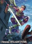  1boy armor armored_boots black_hair boots cape clouds company_name dark_skin faceless faceless_male fingerless_gloves fire_emblem fire_emblem_cipher fire_emblem_echoes:_mou_hitori_no_eiyuuou furikawa_arika gloves grey_(fire_emblem) headband helmet male_focus official_art shield sky solo sword teeth weapon 