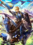  1boy armor armored_boots blonde_hair boots brown_eyes cleive clouds company_name faceless faceless_male fire_emblem fire_emblem_cipher fire_emblem_echoes:_mou_hitori_no_eiyuuou flag gloves grass helmet horse leaf male_focus mole mole_under_mouth official_art open_mouth polearm shield sky solo spear teeth uroko_(mnr) weapon 