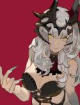  1girl bare_shoulders breasts carmilla_(fate/grand_order) cleavage crown fate/grand_order fate_(series) fingernails grey_hair image_sample kibadori_rue large_breasts long_fingernails long_hair looking_at_viewer nail_polish red_background slit_pupils solo tumblr_sample yellow_eyes 