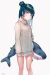  1girl arms_at_sides bare_legs blue_hair blush commentary_request fuyuzima grey_sweater highres holding holding_stuffed_animal ikea ikea_shark long_hair long_sleeves love_live! love_live!_sunshine!! no_pants red_eyes side_bun sidelocks simple_background sleeves_past_wrists solo stuffed_animal stuffed_shark stuffed_toy sweater tsushima_yoshiko turtleneck turtleneck_sweater white_background 