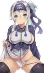  1girl ainu_clothes black_legwear blue_eyes breasts chains folded_ponytail hair_between_eyes headband highres kamoi_(kantai_collection) kantai_collection large_breasts long_hair open_mouth panties sidelocks simple_background solo thigh-highs underwear white_background white_hair white_panties yuzu-aki 
