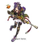  1girl azutarou black_eyes black_hair black_legwear breasts camouflage cleavage collarbone eyebrows_visible_through_hair gun hairband headset holding holding_gun holding_weapon knee_pads large_breasts looking_at_viewer official_art pantyhose phantom_of_the_kill purple_flower short_hair skirt solo transparent_background weapon white_skirt 